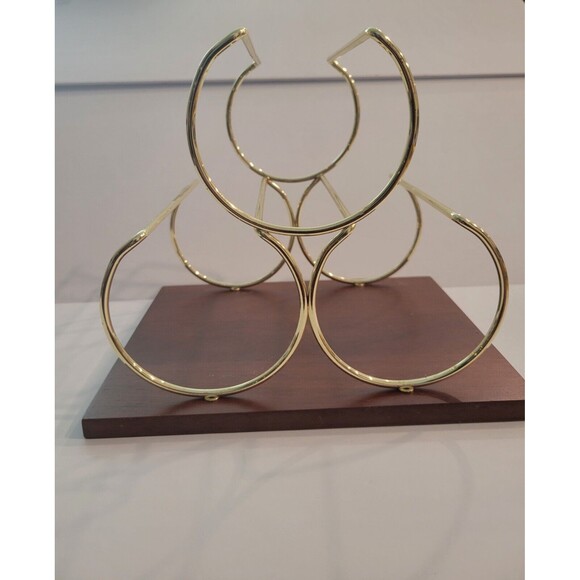 Short Stories Countertop Wine Rack 3 Bottles Gold Tone Metal on Wood - Picture 3 of 7